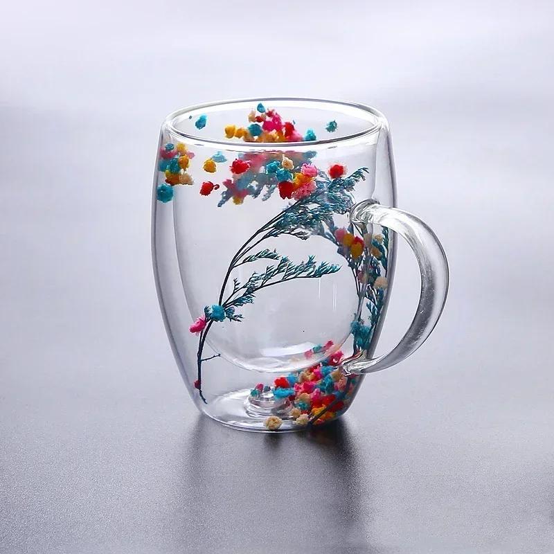 Sušená květina Dvojstěnná Sklenice z Čirého Skla Hrnky na Kávu Dvojitá Izolovaná Sklenice na Horké Studené Nápoje Šálek na Cappuccino Latte Espresso