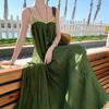 Island Vacation Design Sense, Big Swing, Retro Green Pleated Lace Suspender, Beautiful Long Skirt, Elegant Temperament