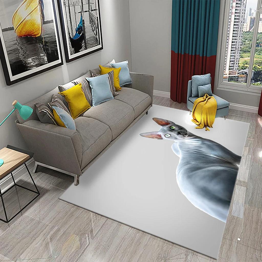 3D Sphynx Cat Carpet Cute Hairless Cat Rugs for Children's Bedroom Living Room Decor Carpet Kitchen Bathroom Non-Slip Area Mats