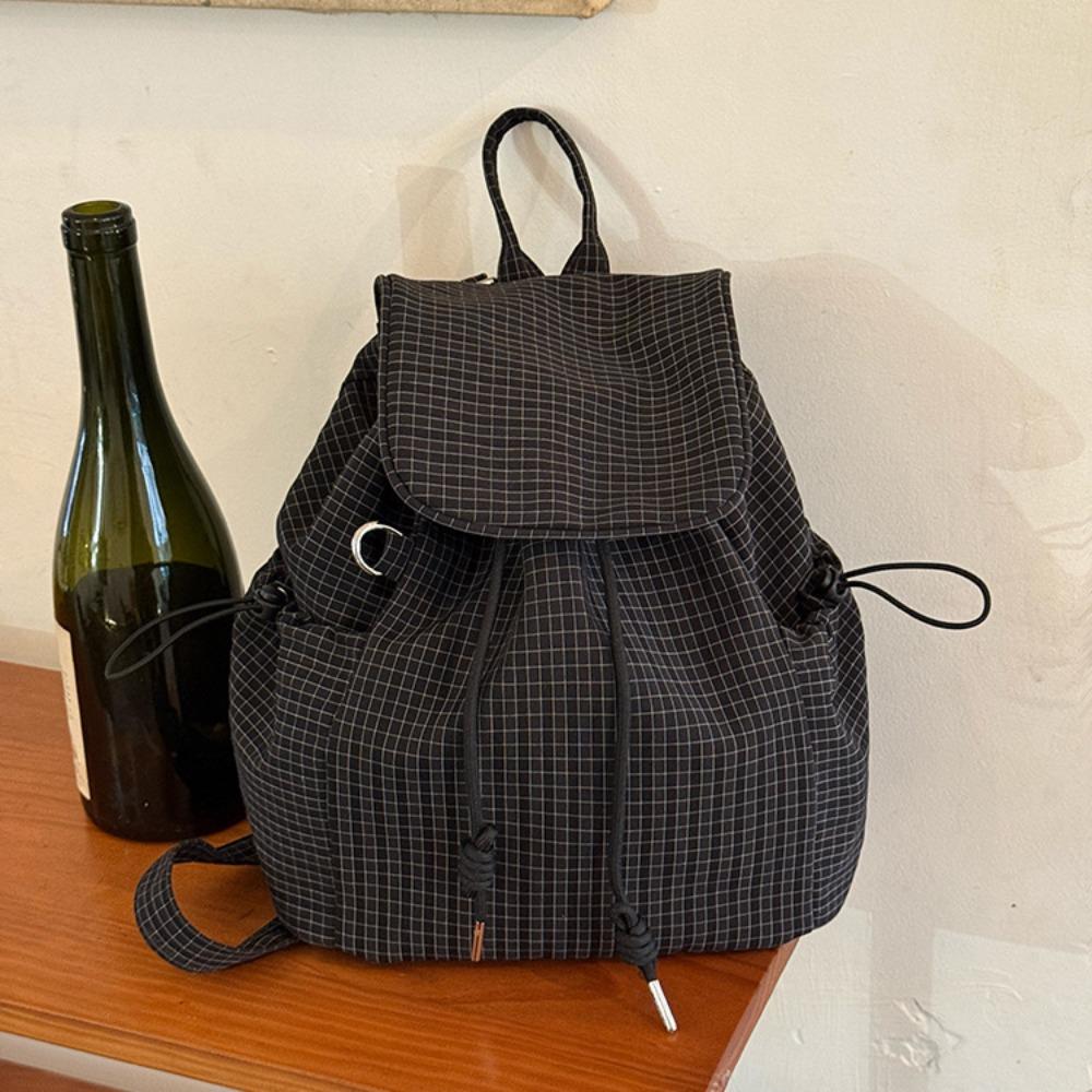 Solid Color Drawstring Backpacks Korean Canvas Plaid Nylon Backpacks Large Capacity Light Weight Ruched Shoulder Bags Unisex чёрный
