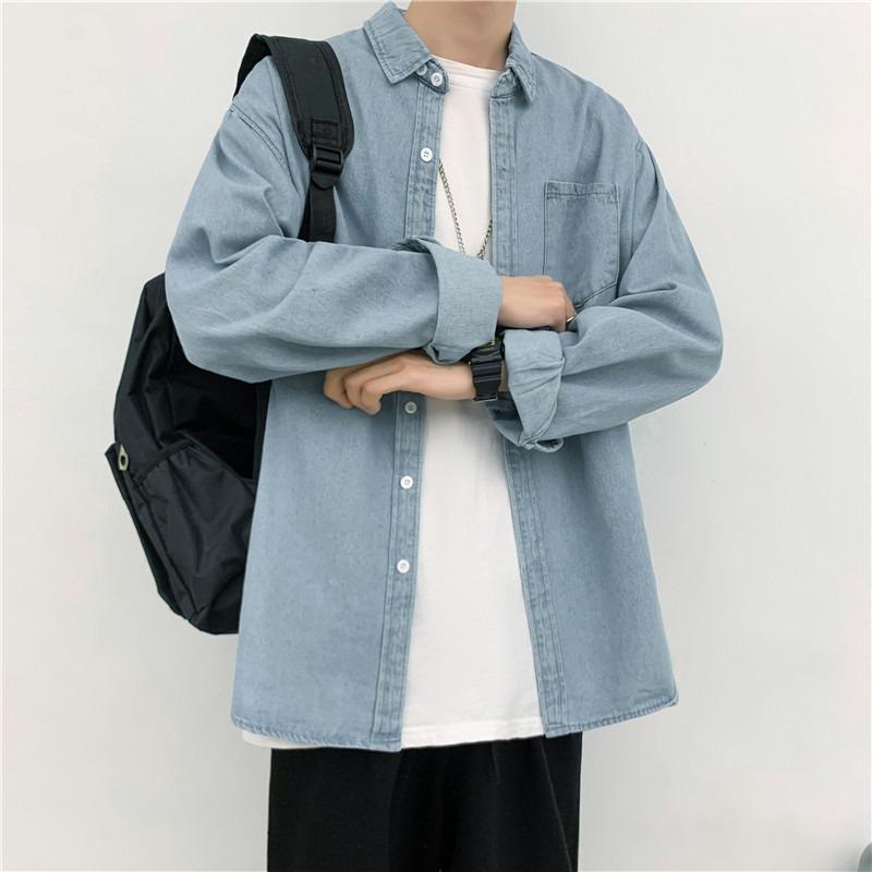 Herren Langarm Harajuku Denimhemd - Lässiger Hongkong-Stil, lockere Passform für Frühling und Herbst.