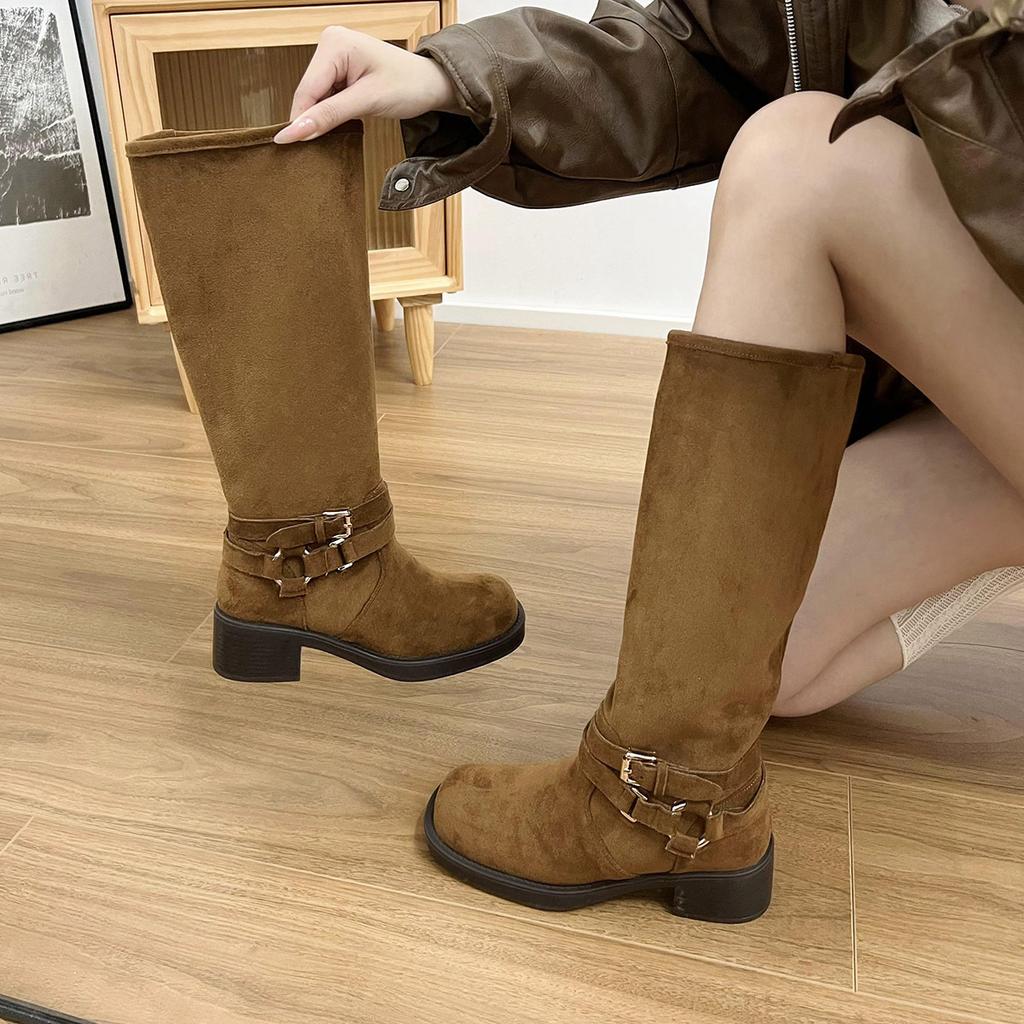 Wasteland wind frosted leather thick heel belt buckle round head western boots women