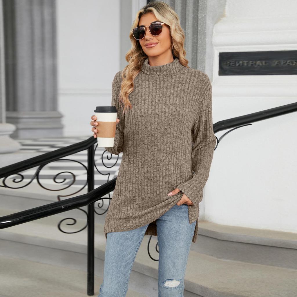 2024 High-Neck Loose Long-Sleeve Slit T-Shirt for Women: Autumn/Winter Collection