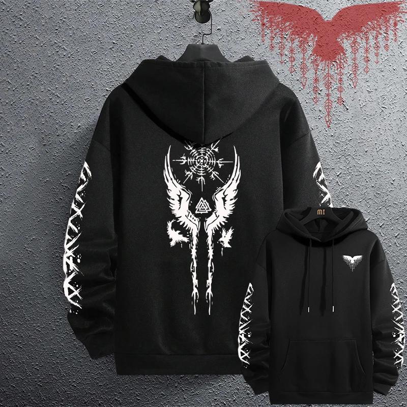 Men's Ancient Raven Print Pullover 2025 Brand New Black Sweatshirts Autumn Winter Male Daily Casual Sporty Jogging Hoodie