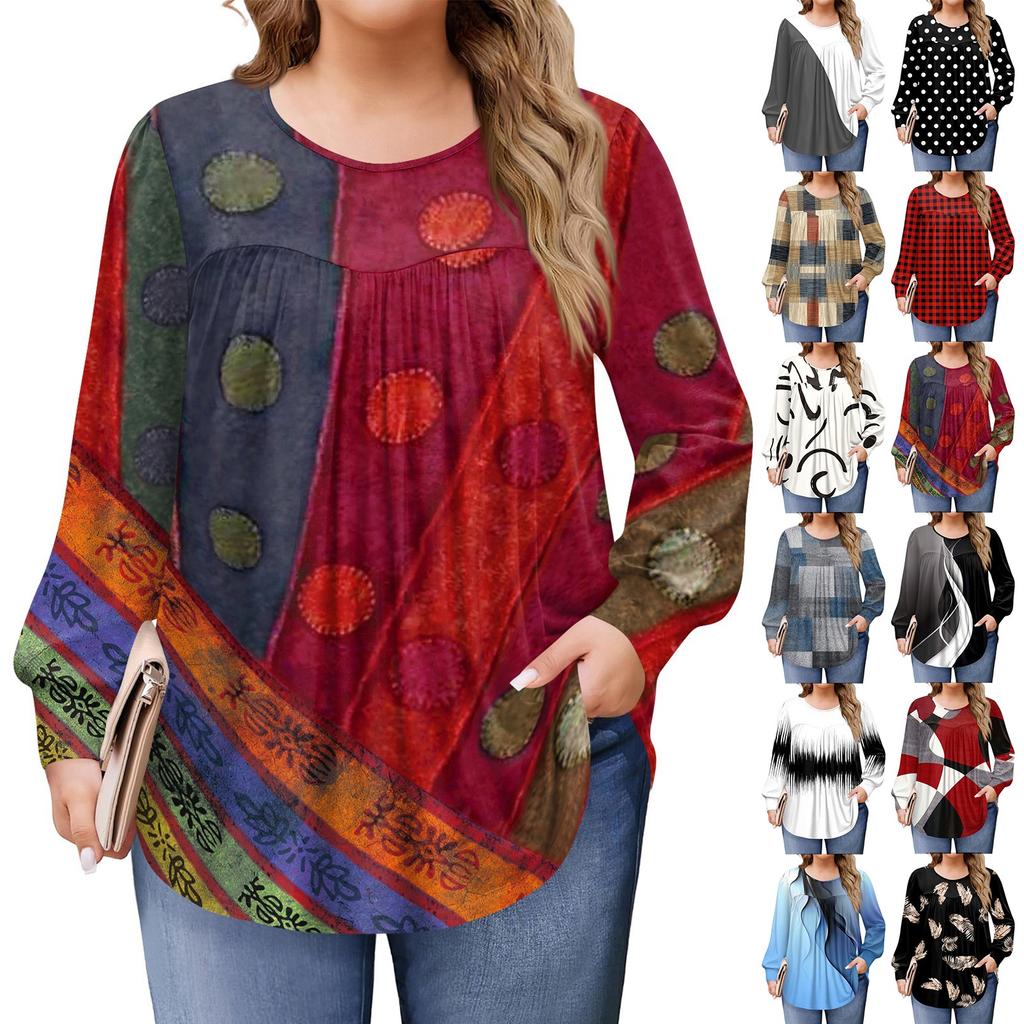 Dámské topy plus size košile s dlouhým rukávem kulatý výstřih splývavá tunika ležérní volná halenka L-5X