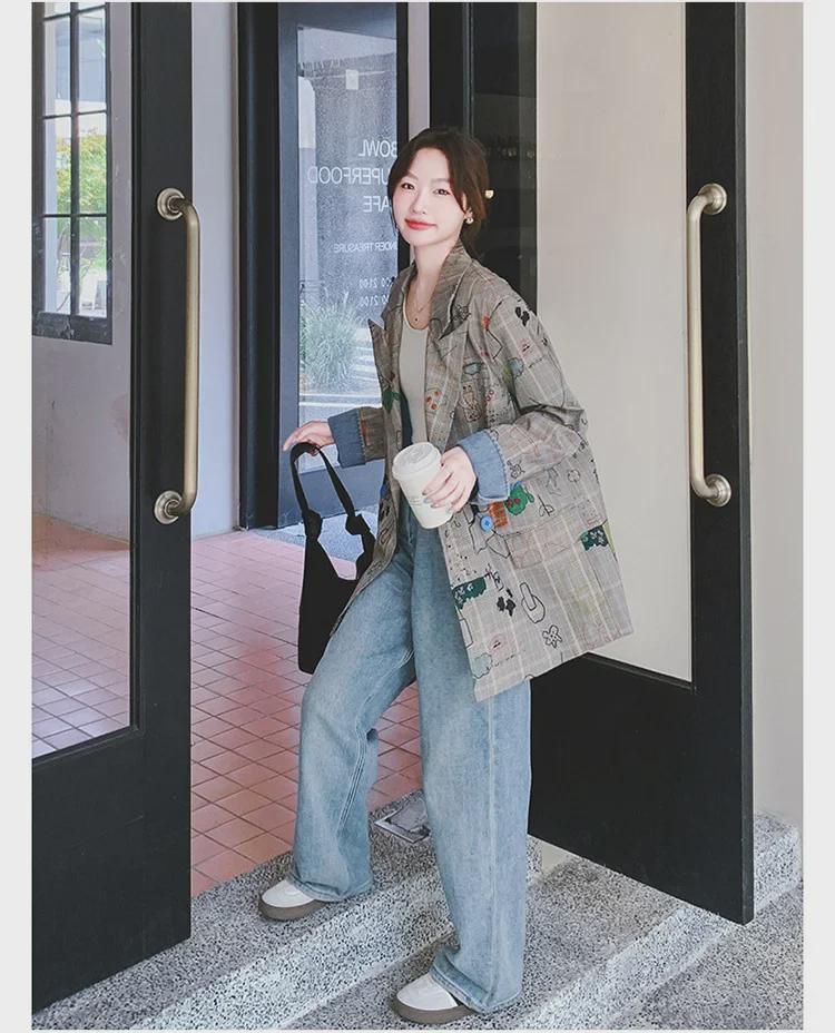 Jachetă de damă primăvara 2025 gri cu imprimeu graffiti în carouri: Street-Rock Croială Largă, Design Nou