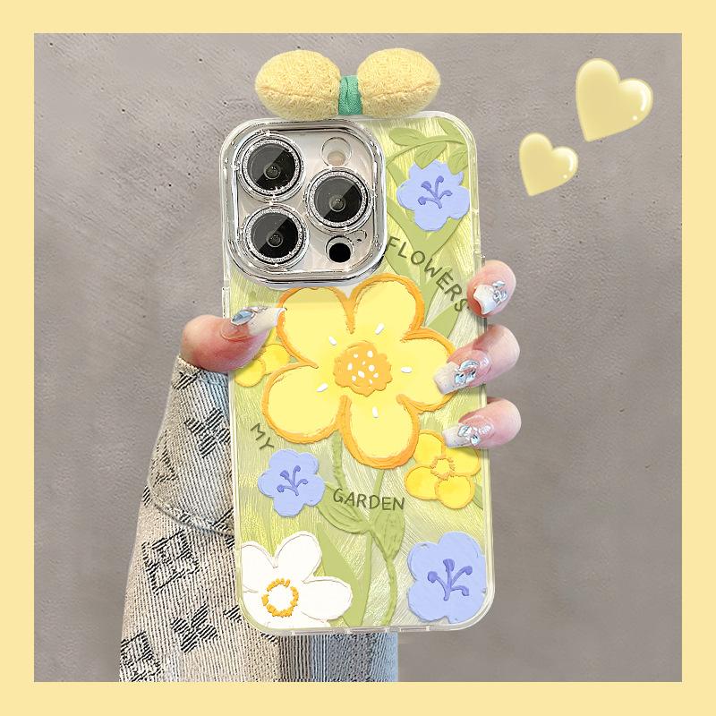 

Oil Painting Yellow Bracelet Suitable for Apple 16 Feather Yarn Mobile Phone Case 15pro Bow Doll 13 Bracket 14 Anti-fall 8 Redmi K40/K40 Pro
