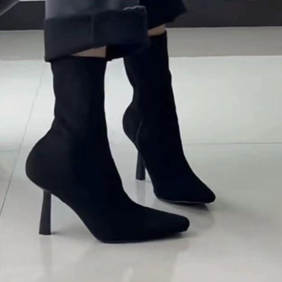 High heel thin elastic short boots women's 2025 autumn and winter new socks boots pointed thin heel beige Internet celebrity thin boots