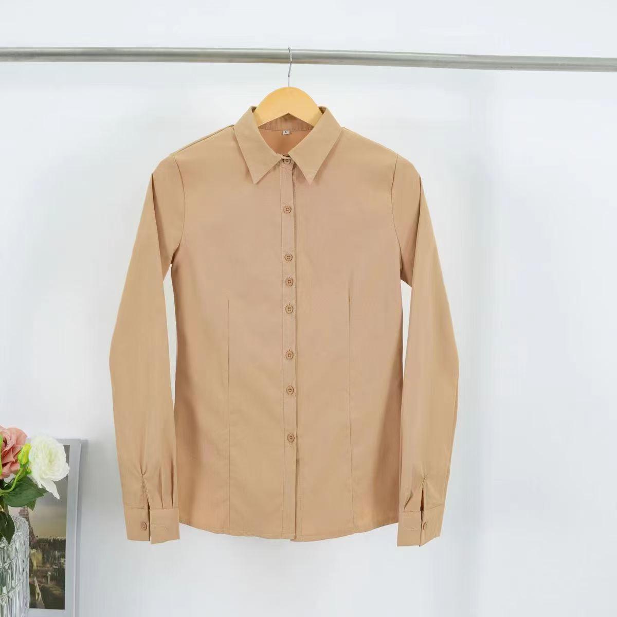 

2024 Новая Мода Женская Блузка с Длинным Рукавом Облегающего Кроя - Однотонная, Универсальный Отложной Воротник M