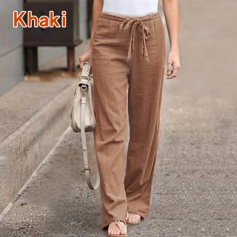 Frauen Polyester Baumwolle Hosen Herbst Casual Feste Elastische Taille Gerade Hosen Lose Lange Hosen Breite Bein Hosen