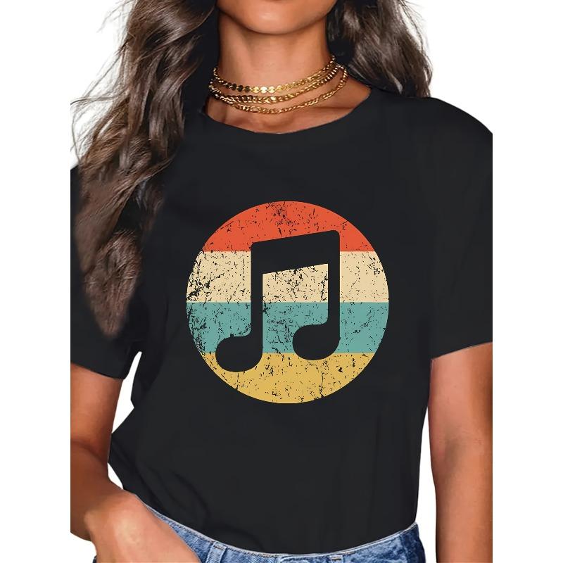 

European sizes Women s Colorful Music Symbol Graphic T-Shirt - Casual Versatile for Casual Attire and Light Sports Activities, Music T Shirts 4XL чорний