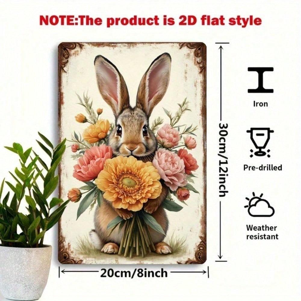 Vintage Shabby Chic Easter Bunny Metal Sign Peach Pink Flowers Farmhouse Wall Art
