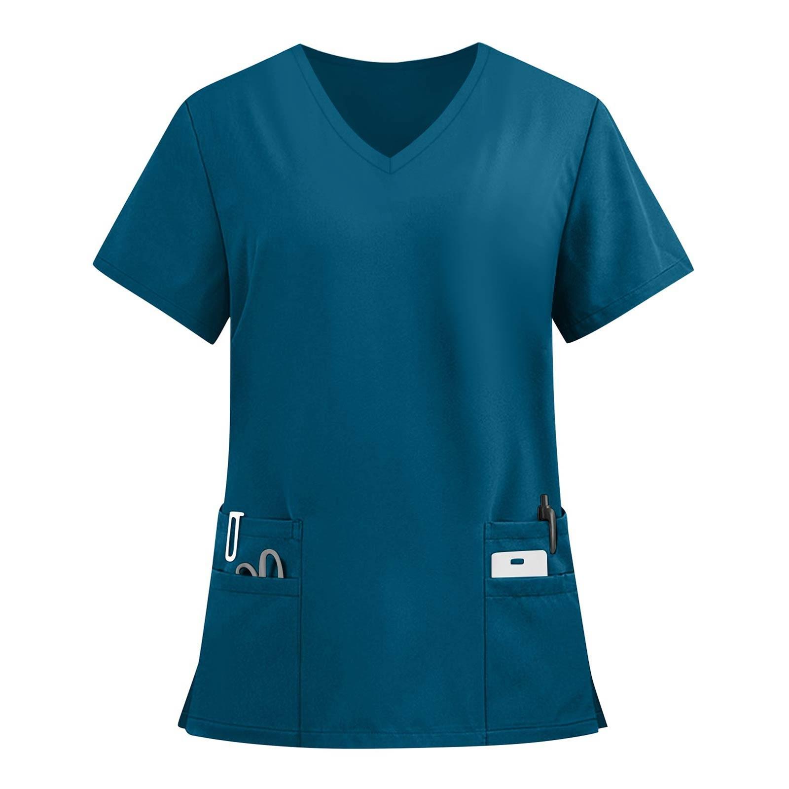 

Женские модные однотонные футболки с коротким рукавом и V-образным вырезом, с карманами и рабочими футболками M