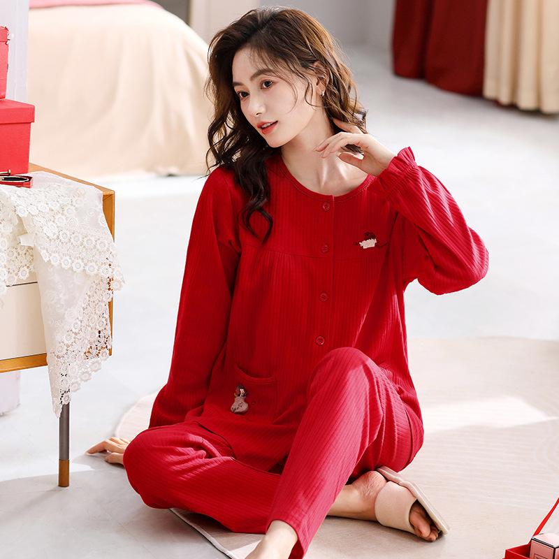 Pajamas Women'S Long Sleeve Cotton Crew Neck Cardigan Simple Casual Large Size Cotton Loungewear Autumn Set