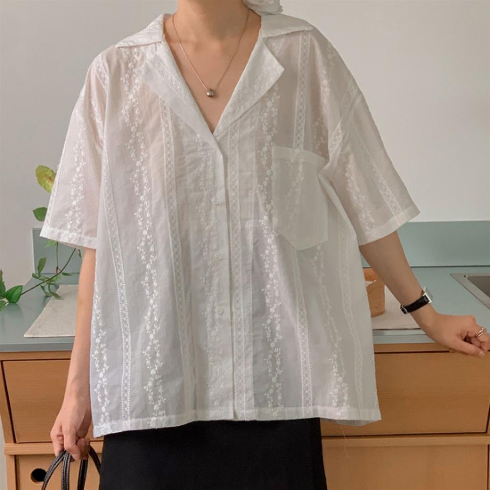 New Arrivals Open Run Women Floral Lace Pocket Large Collar Short Sleeve Cotton