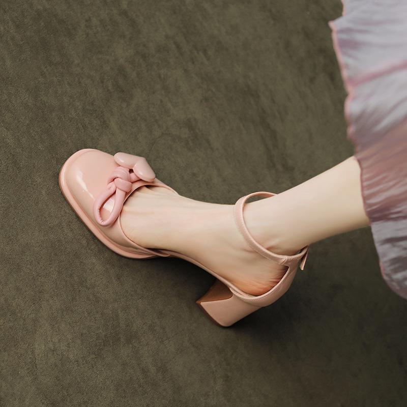 

Sweet temperament love knot word with bag head sandals women s thick heel Mary Jane single shoes light mouth high heel 39