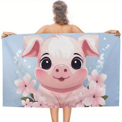Cute Pig Floral Print Polyester Beach Towel, Woven Quick Dry for Sports Spa Yoga Gym Hotel