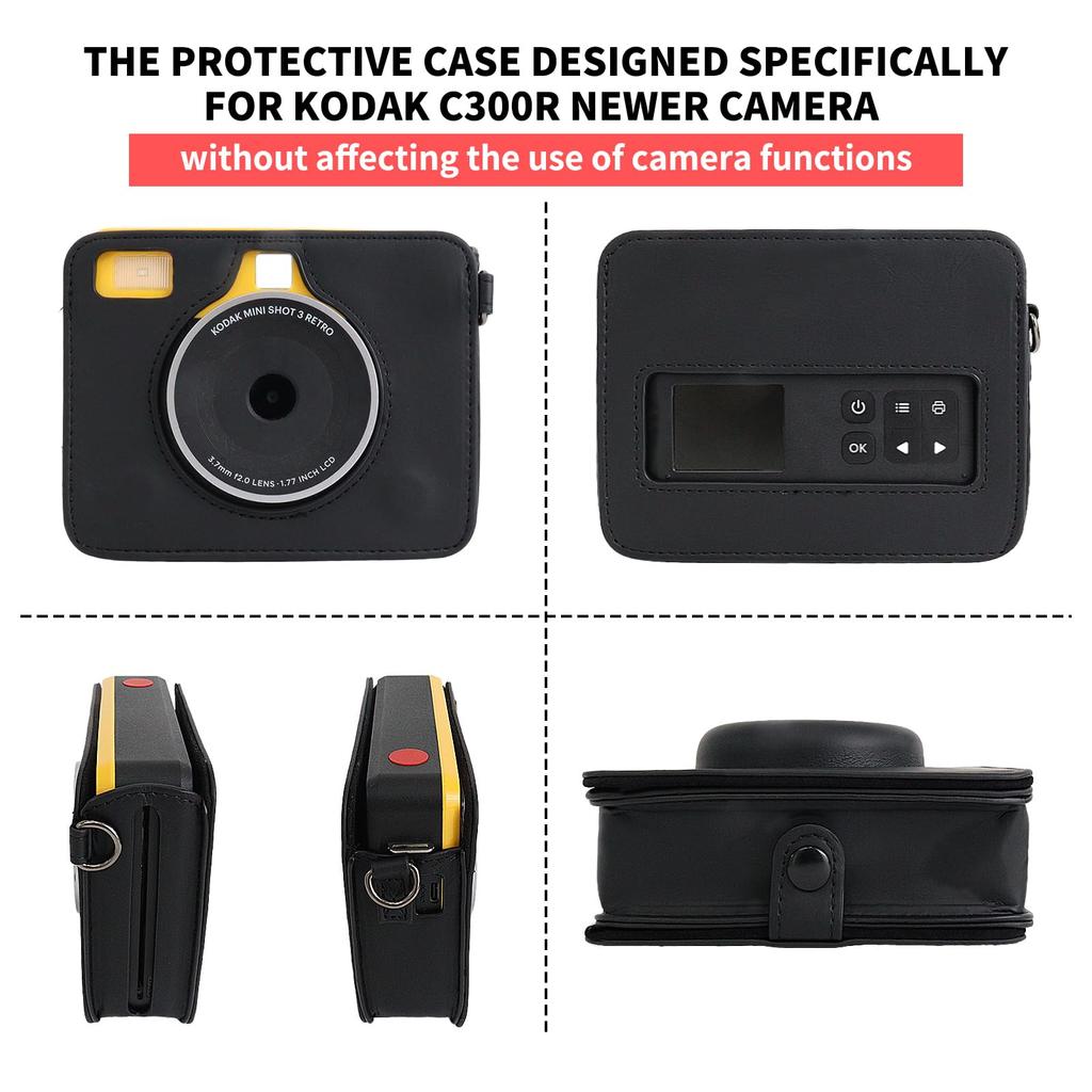 HIYQIN Protective Case for Kodak C300R/Mini Shot 3 Retro 2-in-1 Camera, PU Leather Bag with Adjustable Shoulder Strap - Black