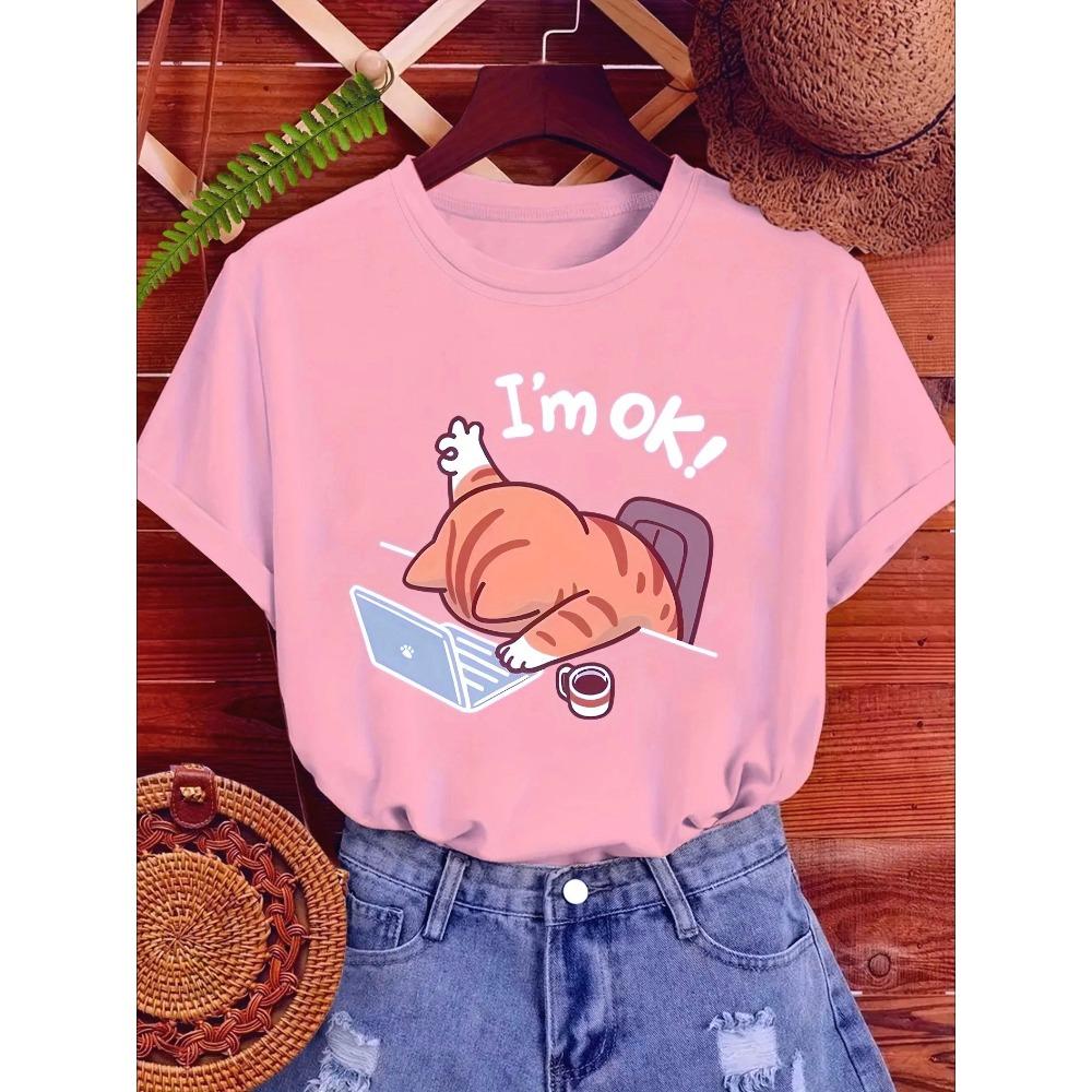 T-shirt Mignon pour Femme avec Graphique Chat "Ça va" Décontracté Col Rond Manches Courtes Élégant Design Chat Endormi Dessin Animé