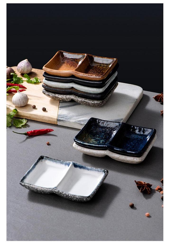 Japanese Ceramic Double-Compartment Dish for Dipping Sauces and Seasonings
