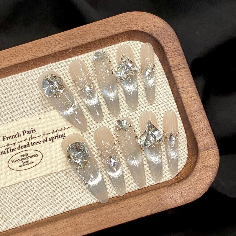 10pcs French Cat Eye Almond Press On Nails Handmade 3D Flower Long False Nails Artificial Nail Tips
