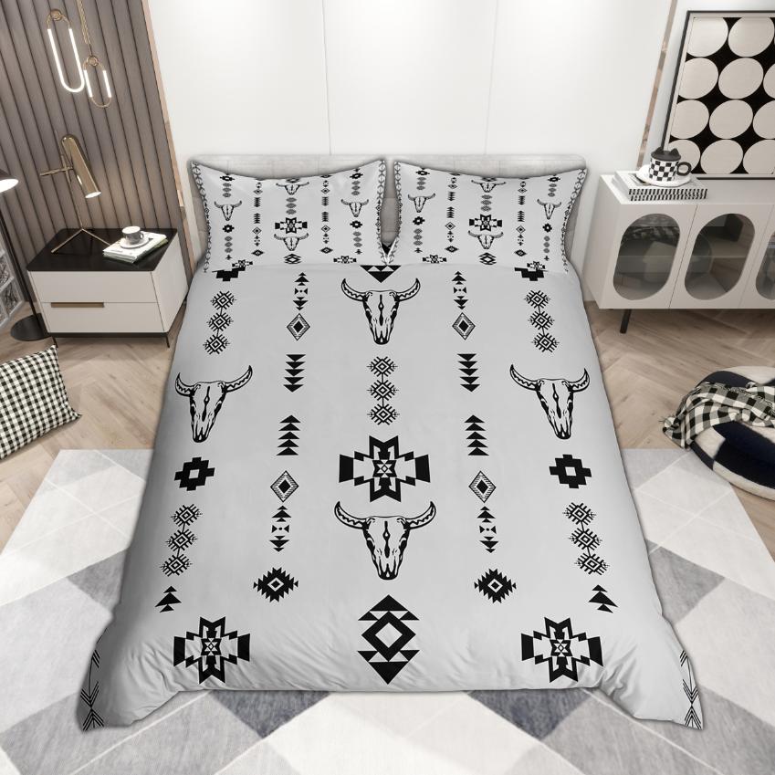 Homewish Bohemian Aztec Duvet Cover Set 2pcs/3pcs, Rustic Cow Skull Bedding, Retro Farmhouse Lodge Cabin Comforter Cover Set