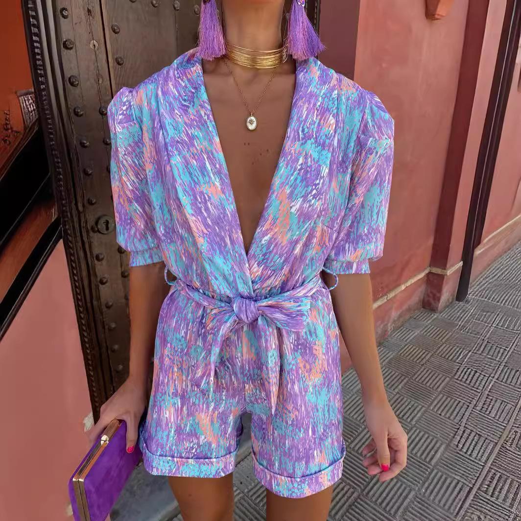 

QICED Комбинезон со шнуровкой и V-образным вырезом с короткими рукавами и принтом XXL фиолетовый