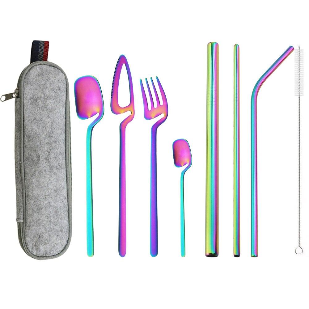 Gold Portable Dinnerware Set Unique Design Travel Reusable Camping Silverware Cutlery Tableware Set With 215/12/6 Straight Straw