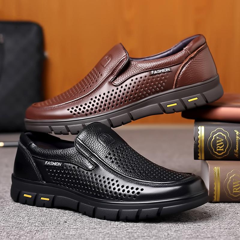 Hy First Layer Cowhide Hollow Cool Leather Shoes Genuine Leather Casual Leather Sandals Men's Non-slip Dad Shoes Punched Breathable New Men's