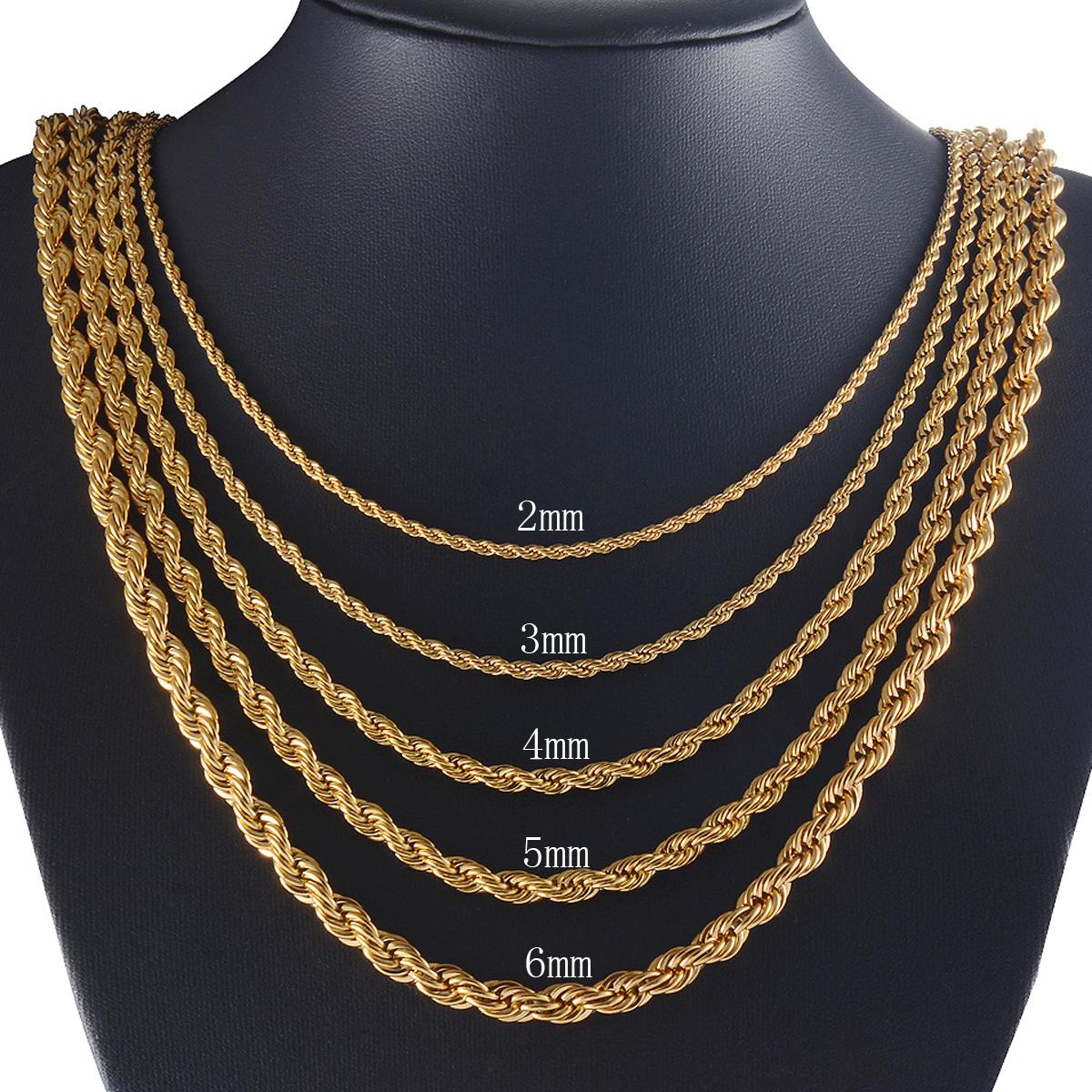 

10PCS 2/3/4/5/6mm Men Women Stainless Steel Twisted Rope Chain Necklace Gold Color Plate Jewelry Choker Accessory Gift Y21897YY-16 inches 41cm