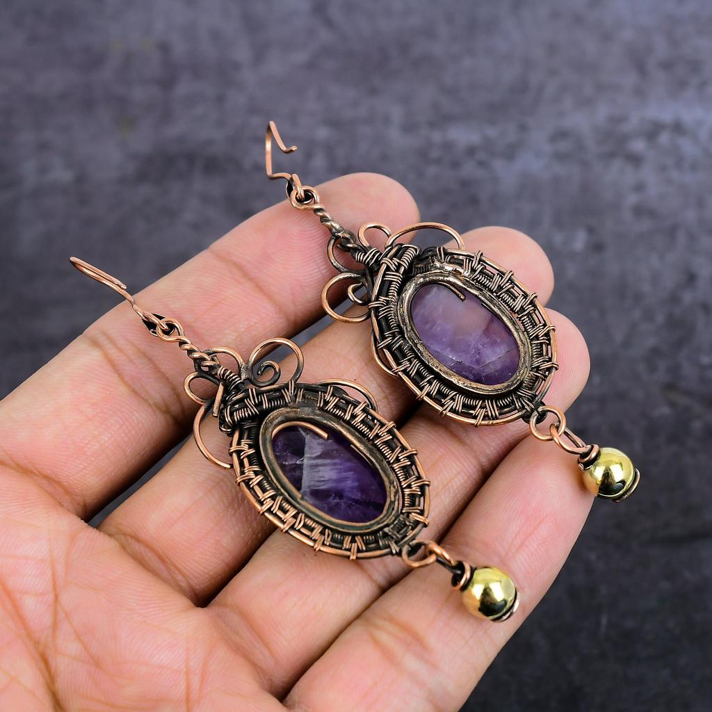 Natural Sage Amethyst Gemstone Copper Wire Wrap Jewelry Earring 3.55" t3O33