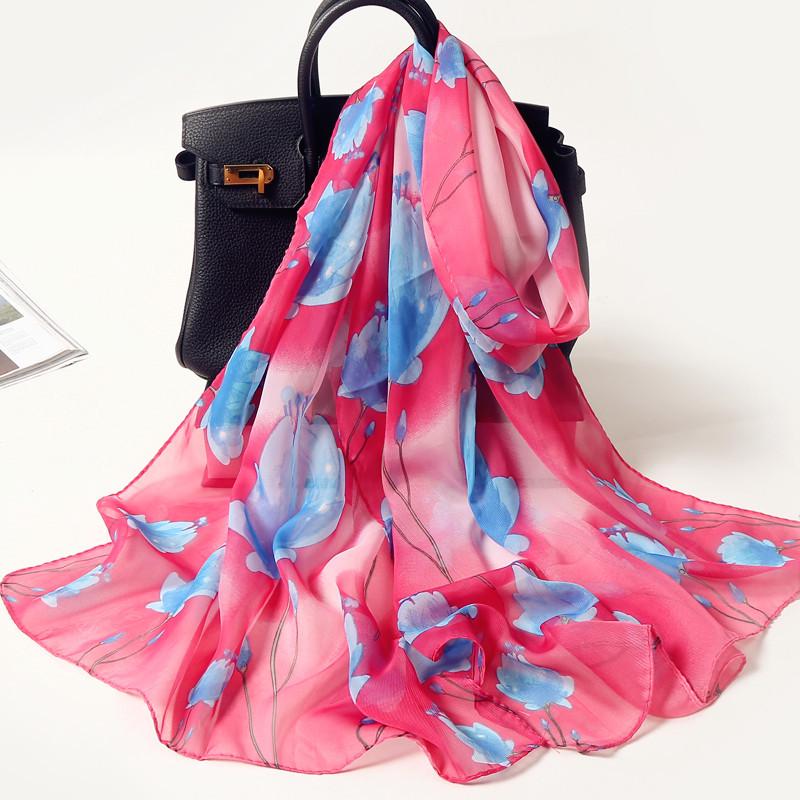 Chiffon Lotus Print Long Scarf - Lightweight, Thin Spring/Autumn Silk Accessory for Middle-Aged & Elderly