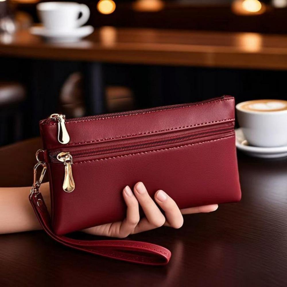 PU Leather Women's Long Wallet Soft Large Capacity Zipper Clutch Purse Multifunctional Wrist Strap Coin Purse Billfold Handbag