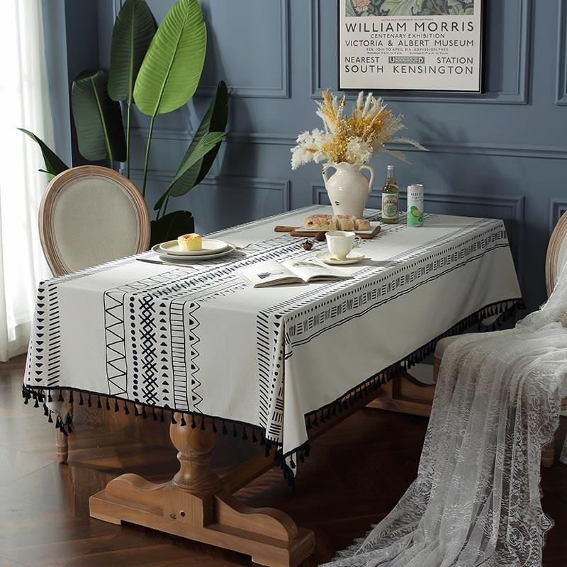 Bohemian Milk White Canvas Geometric Multicolor Printed Rectangular Dining Table Cloth Tassel Tablecloth Birthday Table Decor