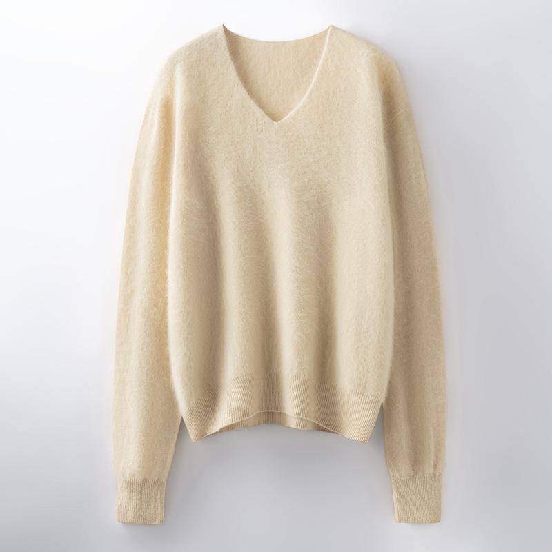 Women's Brushed Wool V-Neck Long-Sleeve Sweater: Autumn/Winter Loose Slimming Knitted Pullover Top