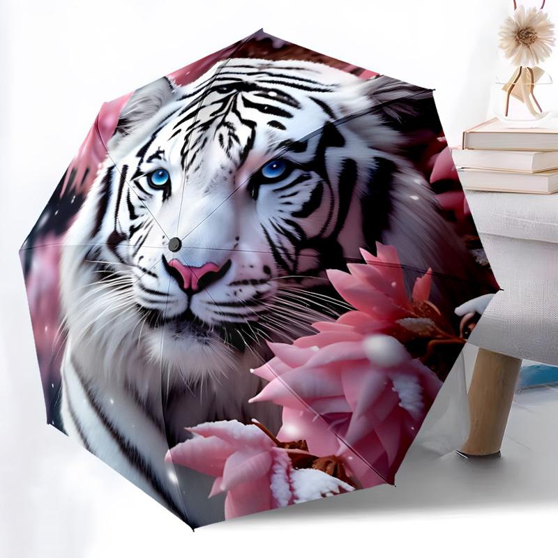 1pc White Tiger Print Automatic Open/Close Umbrella - Portable Collapsible Umbrella with 8-Rib Stability, Fashion Lovers yy251017200