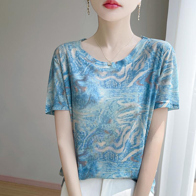 Spring and Summer Round Neck Knitted Short Sleeve T-shirt Women's Printed Loose Bottoming Top