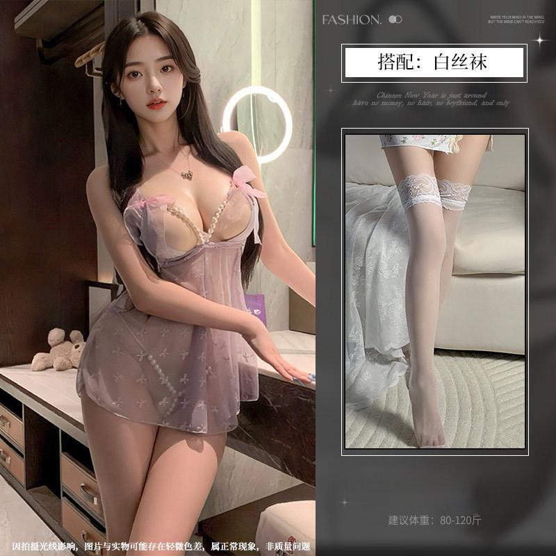 Sex Underwear Pure Desire Pearl Perspective Suspender Nightdress Sexy Lace Print No-take Pajamas Seduce Women