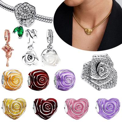 Sparkling Rose In Bloom Series Charm Bead Purple Pink Rose In Bloom Fit Original Bracelets Accessories Diy Jewelry Gift