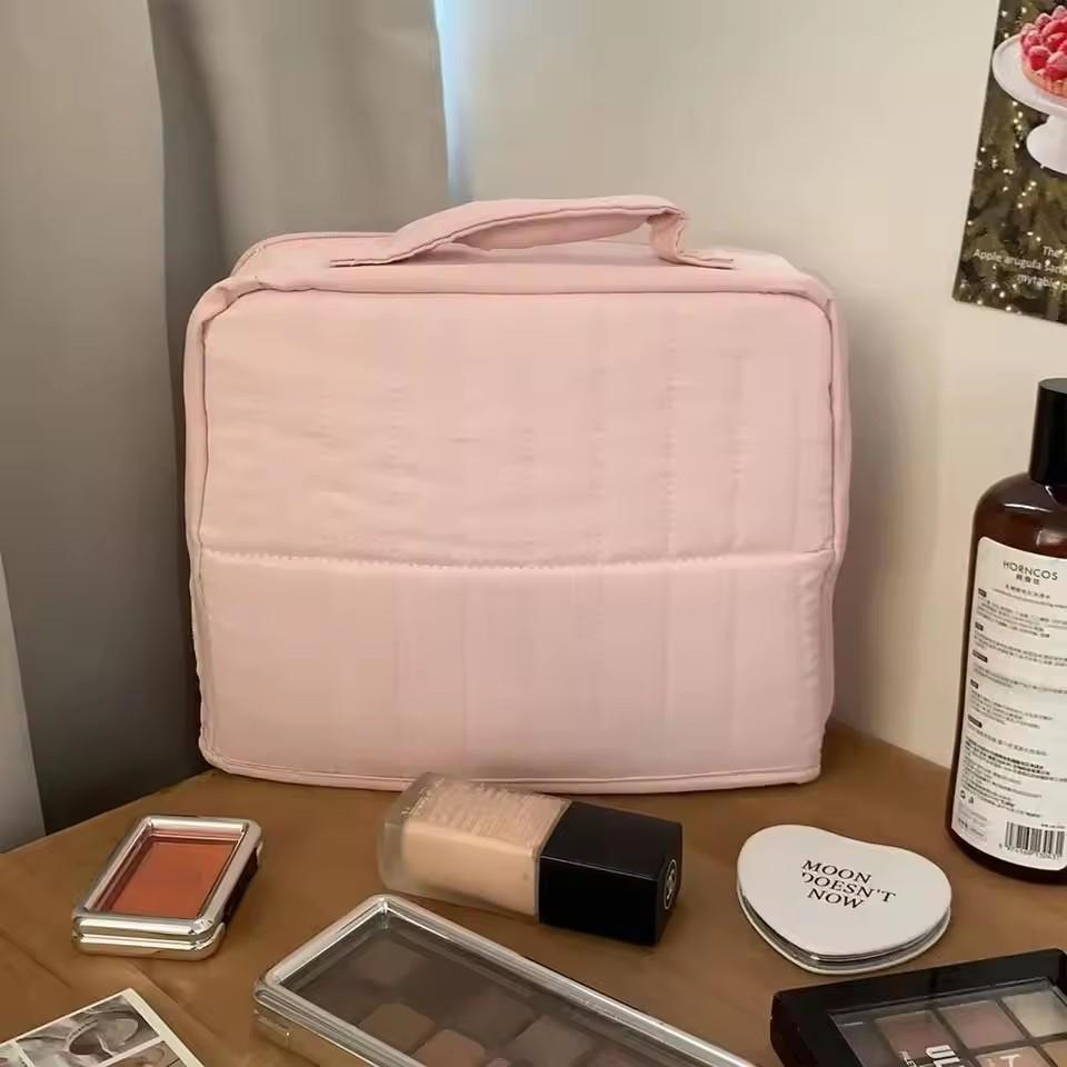 Large Capacity Portable Standing Makeup Bag Travel Toiletry Bag Cosmetic Brush Organizer Handheld Stationery Storage Pouch