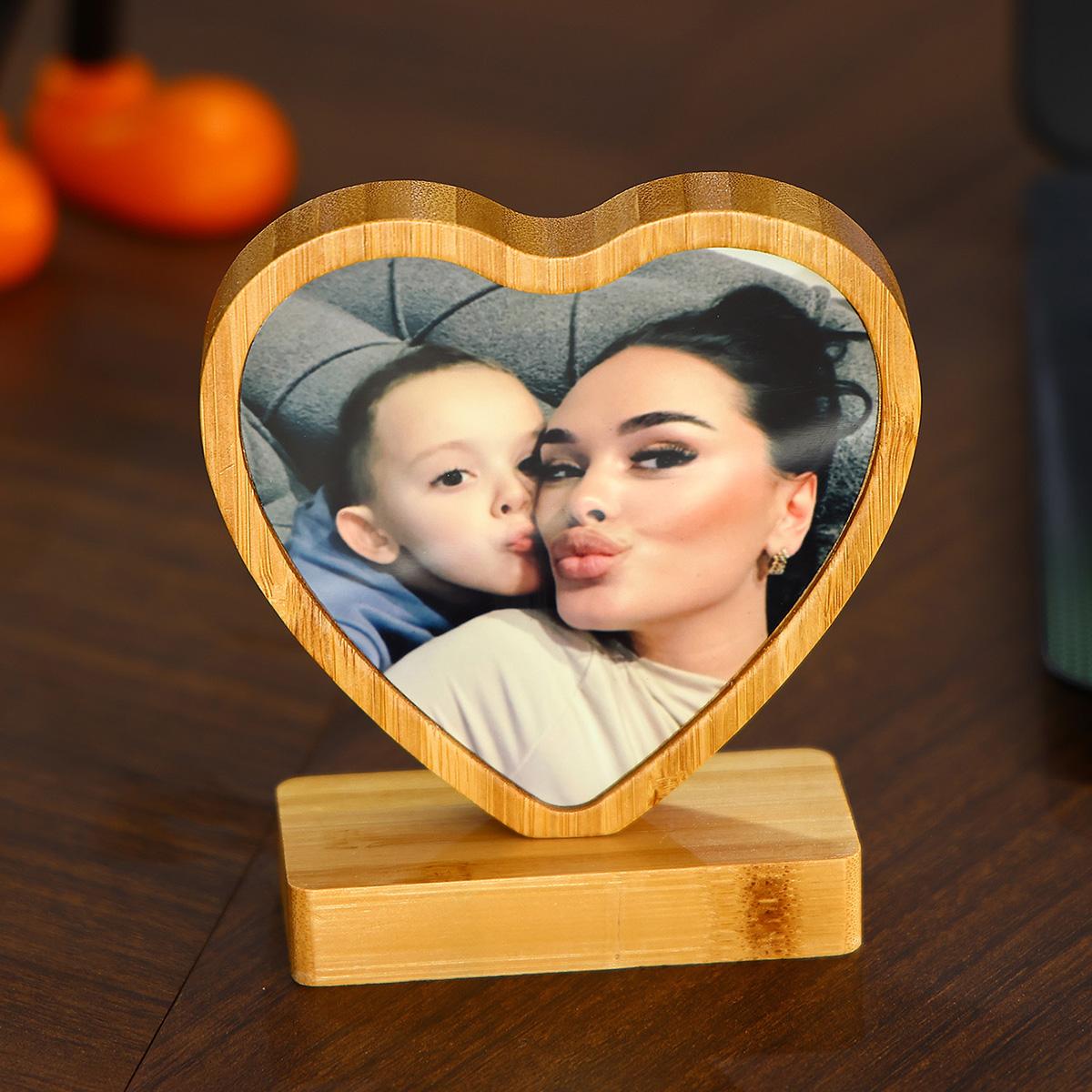 

Custom Round&Heart DIY Family Couple Bamboo Photo Frame Personalized Wedding Birthday Magnetic Attraction Ornament Gifts Her