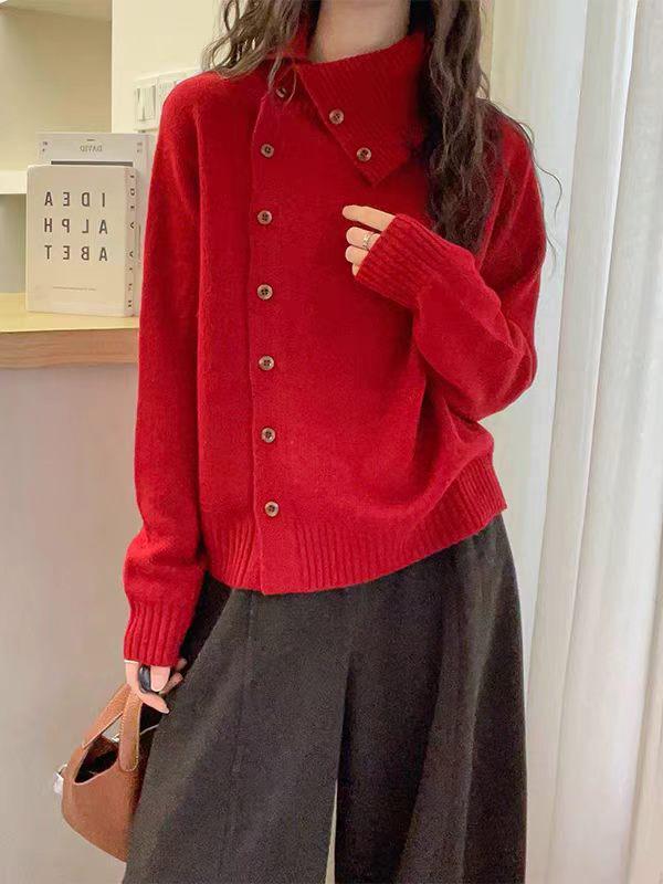 Autumn/Winter Women's 100% Wool High Neck Slanted Button Soft Knit Cardigan - Versatile Long Sleeve Sweater