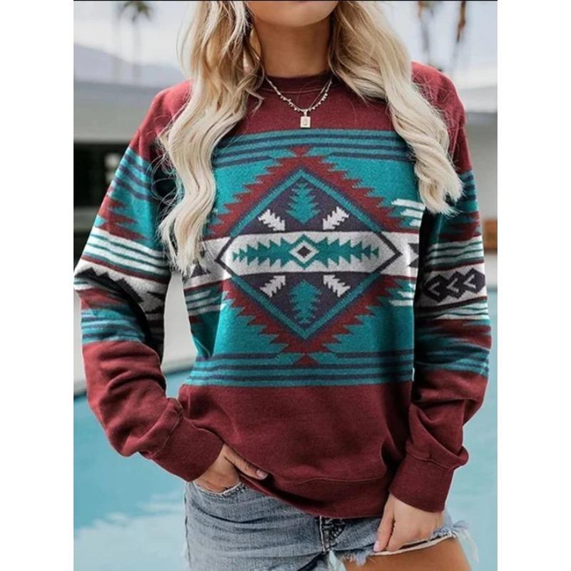 Ethnic Geometric Pattern 3D Print Sweatshirts Women Casual Raglan Long Sleeves Hoodie Y2k Pullover Harajuku Tops