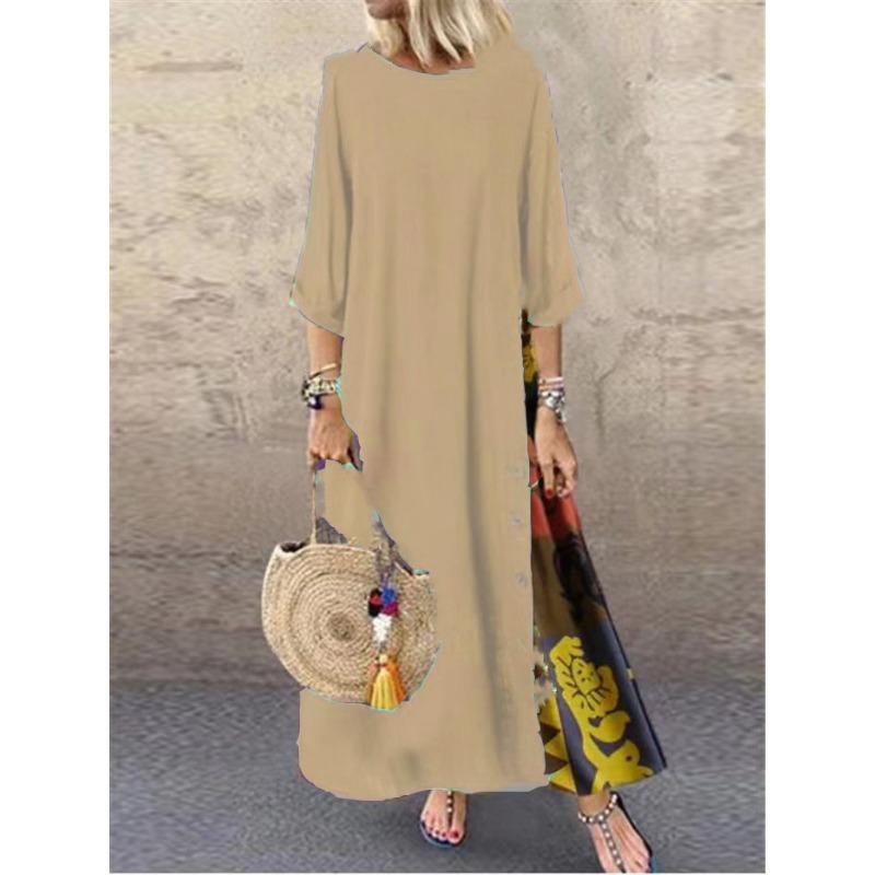 Vestido vintage floral outono gola redonda contrastante patchwork com botões manga sete quartos tamanho extra grande