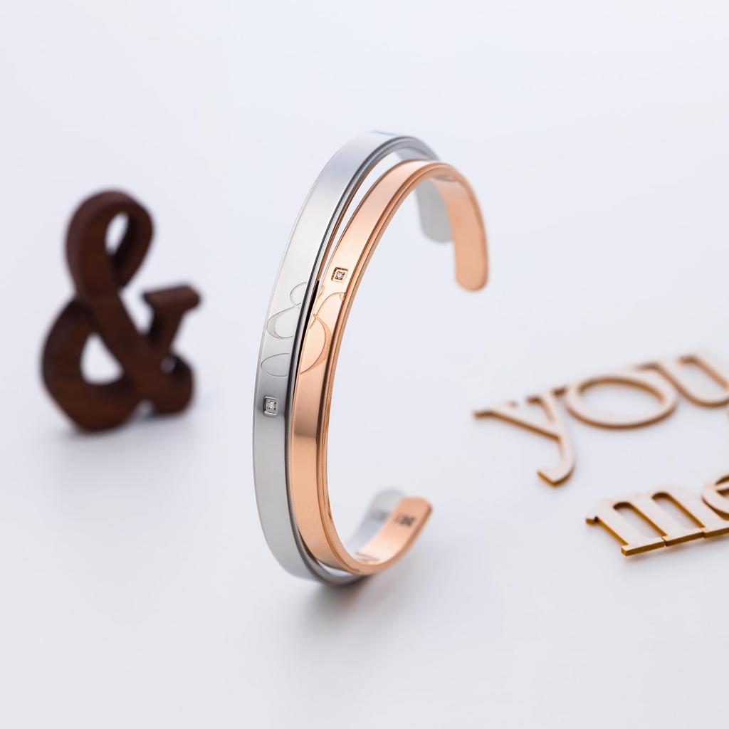 Pair Bangle Surgical Stainless Steel Diamond Pink Gold Silver [White Clover] & & 4SBG031GO&4SBG0032SV