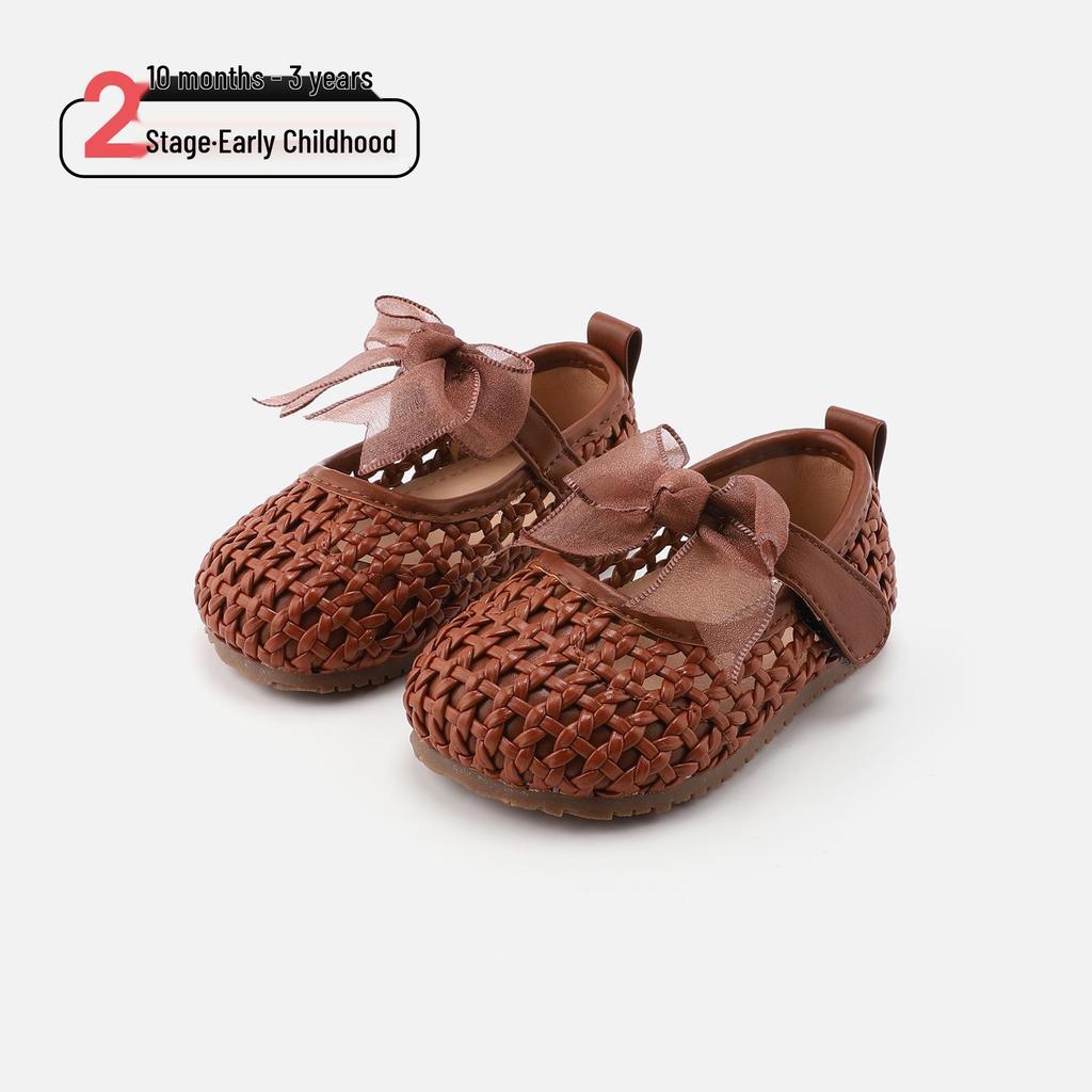 Spring 2026 Baby Girl Bow Princess Walker Shoes - Hollow Weave Leather