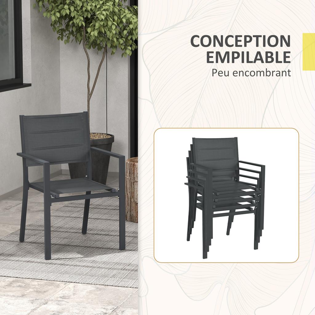 Set Of 4 Stackable Garden Chairs In Aluminum And Textile With Armrests Lot Of 4 Pieces For Outdoor