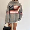 Y2K Plus Size Knit National Flag Jacquard Sweater - Retro Street Style, Loose Fit, Warm for Autumn/Winter.