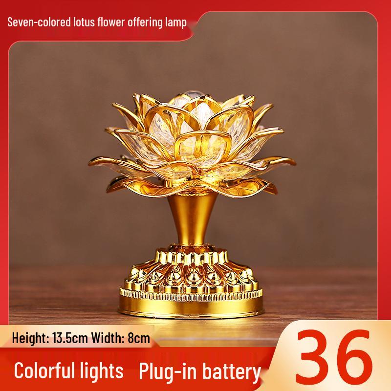 Seven-Color LED Rechargeable Buddha Offering Lamp - Lotus Design for Home and Guanyin Devotion.