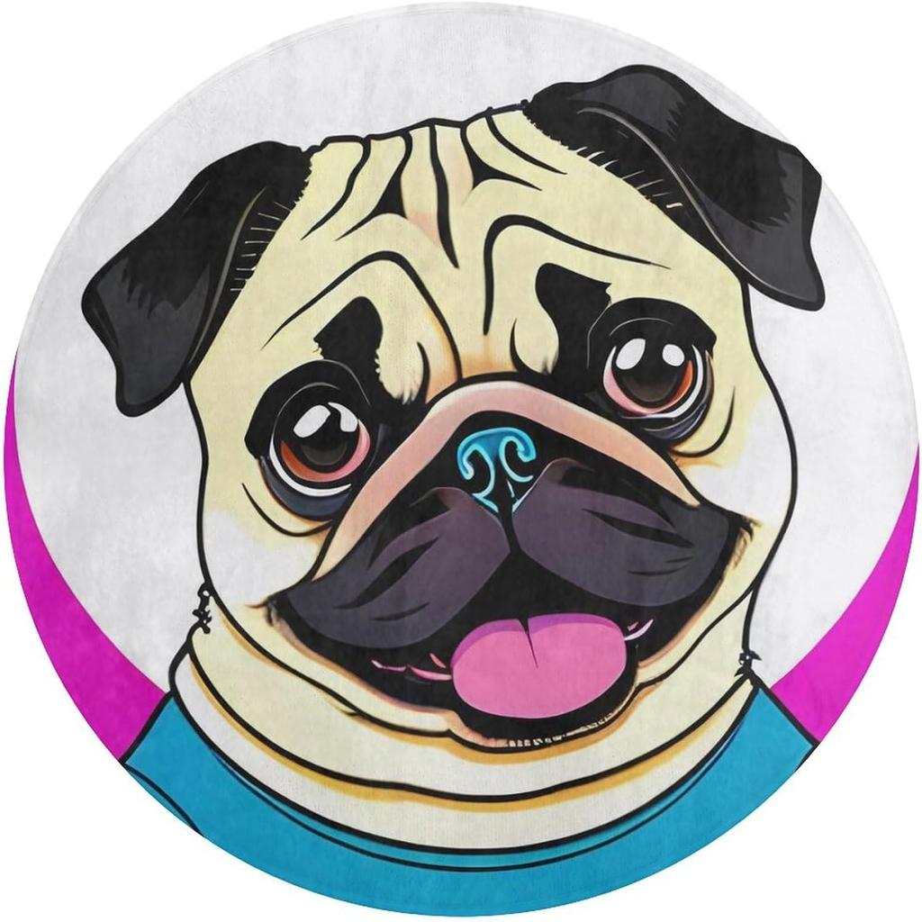 Funny Cartoon Pug Puppy Dog Round Rug Washable Area Rugs Indoor Circle Door Mat Soft Non-Slip Carpet for Living Room Bedroom